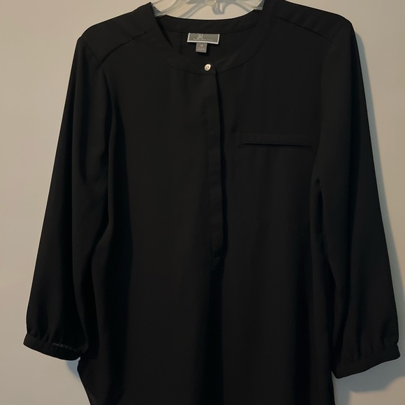 JM Collection Black Collarless Long Sleeve Silver Button Hidden Placket Blouse - Picture 1 of 15